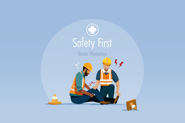 Worker has accident injured at knee at construction site. Safety first awareness, accident caution at industrial, construction site. Vector.