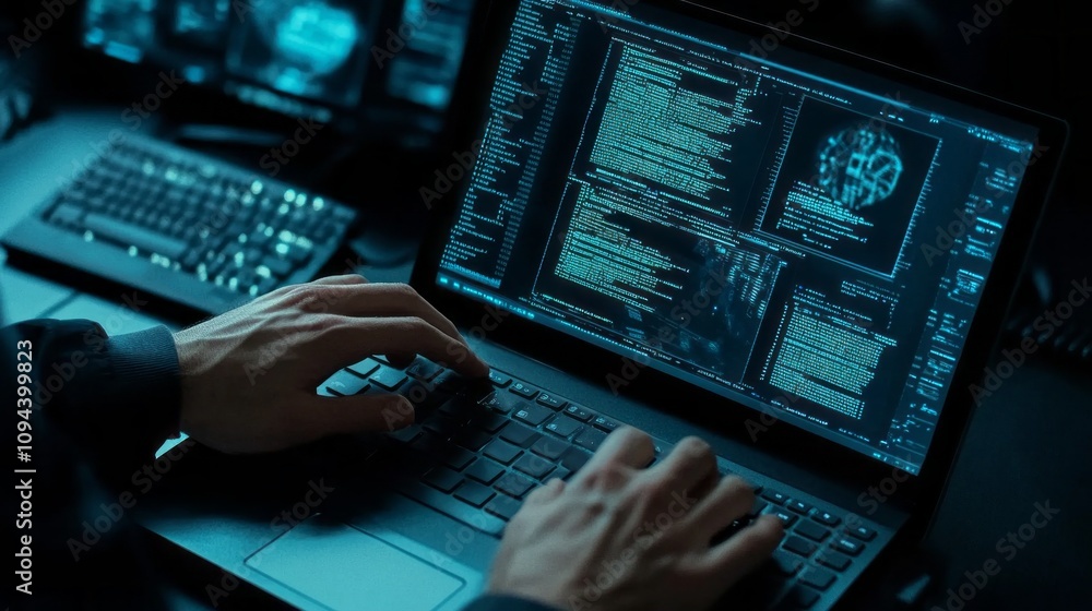 Poster a person is typing on a laptop computer with a blue screen
