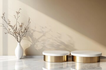 Minimalist Stage with White Gold Pedestal, Showcasing Cosmetic Product in Spotlight