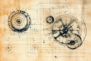 Fototapeta premium Aged blueprint; intricate clockwork mechanism design.