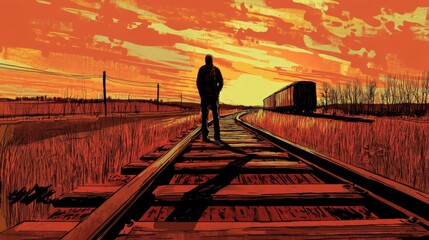 Naklejka premium Walking Along Train Tracks at Sunset in Comic Style