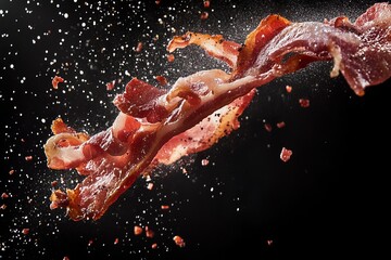 bacon being tossed on the air, black background