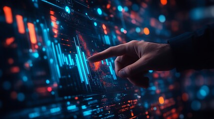 Businessman touching a virtual screen with an upward graph chart bar