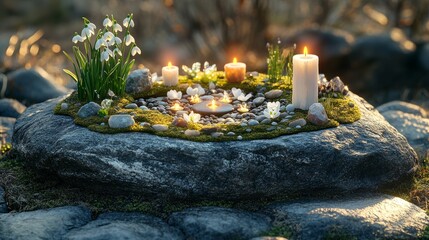 Imbolc altar arranged outdoors with candles, snowdrops, and seeds on mossy rock in early sunlight