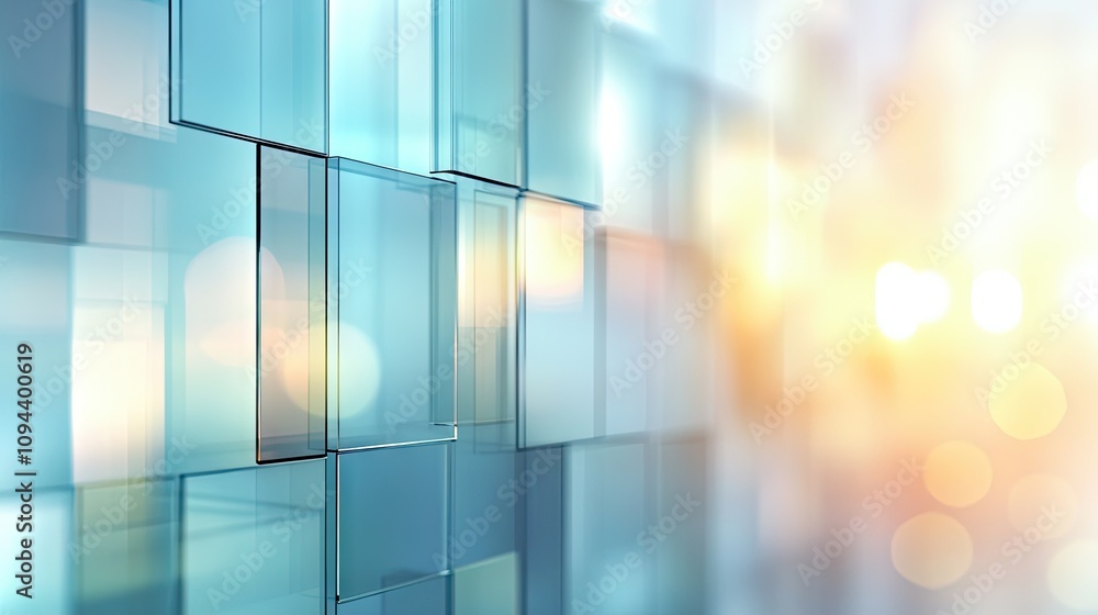 Poster abstract glass panels create a cool and modern aesthetic with soft bokeh lights in the background.
