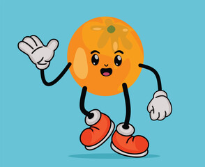 Orange Fruit Cartoon Mascot Waving Hand with Happy Expression in Flat Cute Cartoon Style or Orange Fruit Cartoon Mascot with Arms and Legs