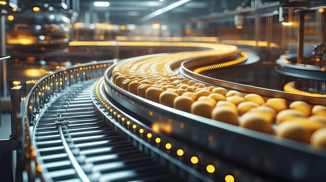 Close-up of a modern conveyor belt system transporting bright oranges in a well-lit industrial setting.