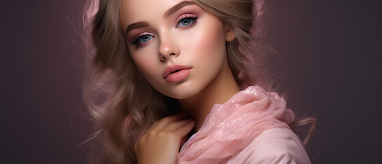 Fototapeta premium Model with natural cosmetics and beautiful, bright makeup, showcasing flawless skin and vibrant makeup in a fresh, glowing look