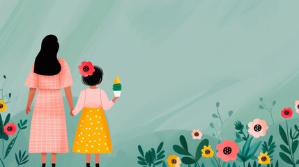 A mother and daughter enjoy ice cream in nature.