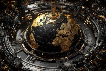 Fototapeta premium Global Machinery: A sleek, abstract composition showcasing a golden globe encased within a complex, steampunk-inspired mechanism, evoking themes of globalization, interconnectedness.