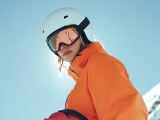 Skiing woman in orange jacket with pink goggles.