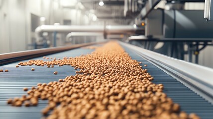 Fototapeta premium Close-up of a conveyor belt transporting small brown pellets in an industrial setting.