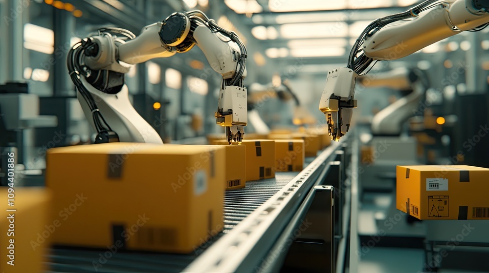 Poster automated robotic arms efficiently sorting packages in a modern warehouse setting.