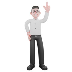 Animated 3D Cartoon.  A male producer stands with one hand on his waist and the other pointing up, a confident expression. Professional Illustration