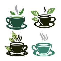 Set of A Cup of Hot Green Tea Aromatic Herbal Healthy Drink with Leaves in Cafe