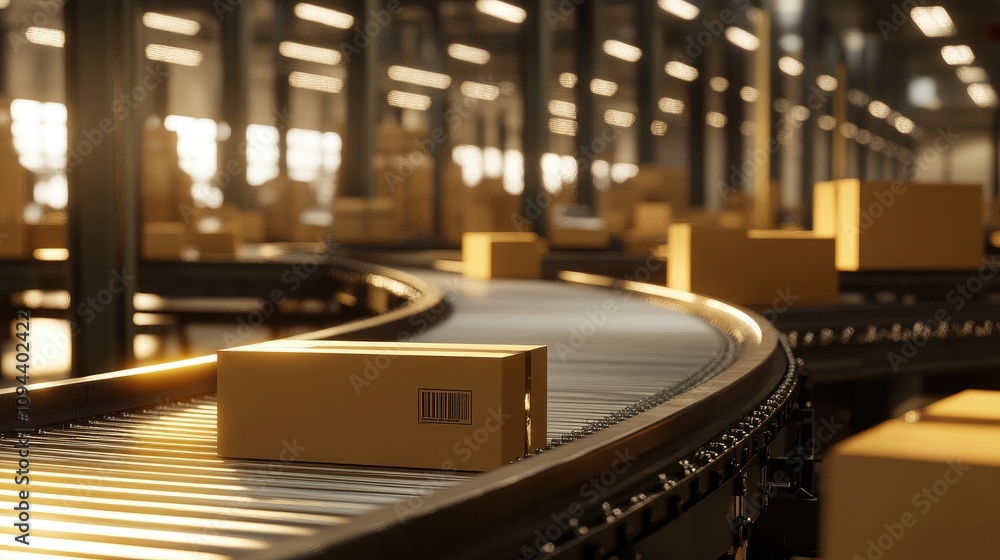 Poster a view of a modern warehouse conveyor system with packed boxes, creating a vibrant scene of logistic