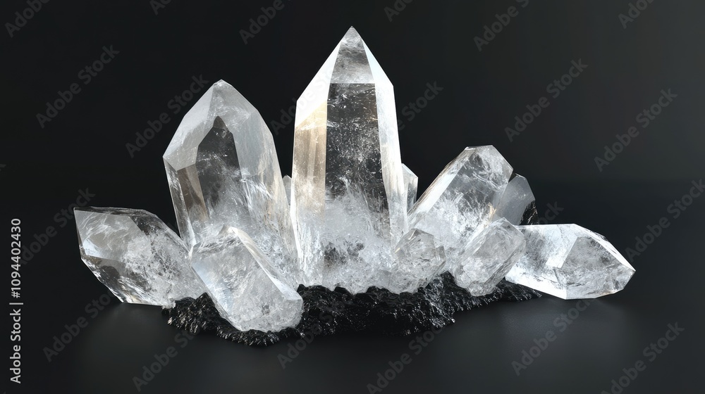 Poster a stunning display of clear quartz crystals with sharp edges and varying sizes against a dark backgr