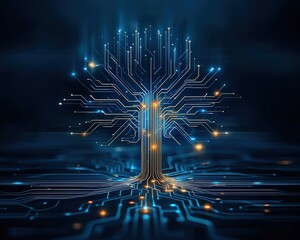 Futuristic Tree with Circuit Patterns in Dark Background