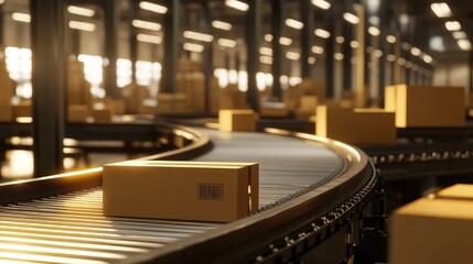 A view of a modern warehouse conveyor system with packed boxes, creating a vibrant scene of logistics in action.