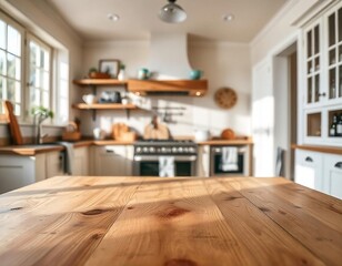 modern kitchen interior, focusing on a wooden table in the foreground 