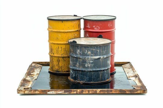 Three rusty barrels, spilled liquid, containment tray.