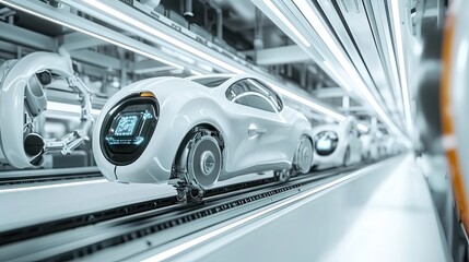 Fototapeta premium Futuristic automated assembly line featuring sleek, white electric cars in a high-tech factory.