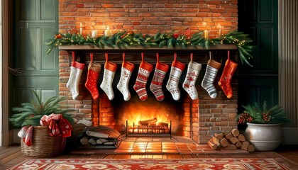 Cozy christmas living room with stockings by the fireplace - design for holiday decor