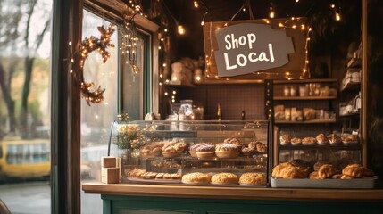 Cozy local bakery with festive lights and copy space for holiday charm