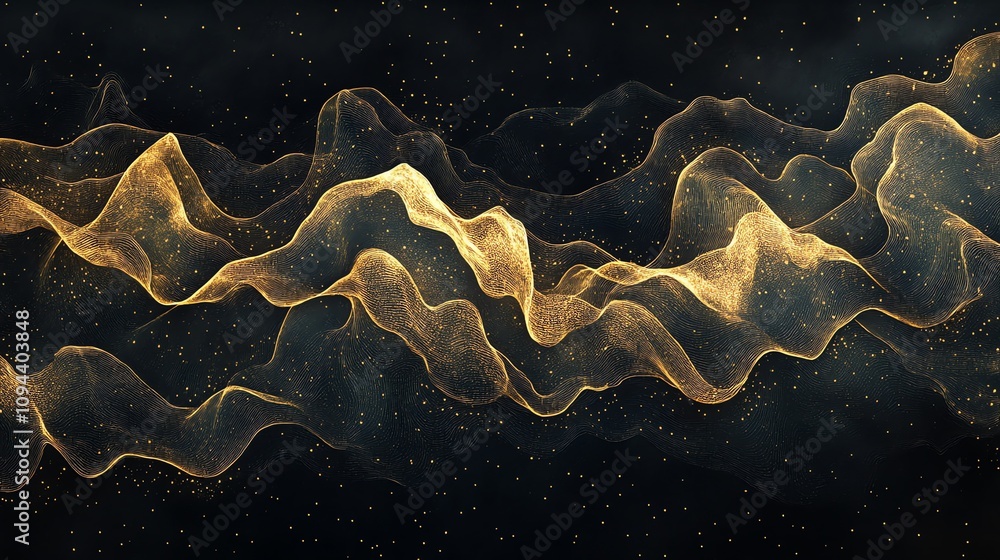 Poster abstract glowing golden waves on black background with sparkling particles.