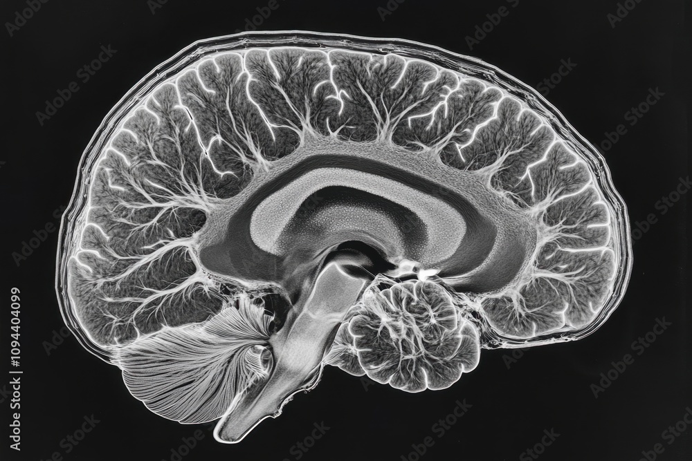 Poster a detailed illustration of a brain, showcasing its intricate structure and neural pathways.
