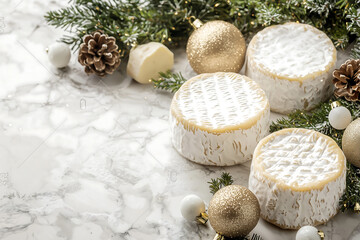 Delightful cheese rounds arranged with festive decorations, including pinecones and golden ornaments, create warm holiday atmosphere. Perfect for celebrations!