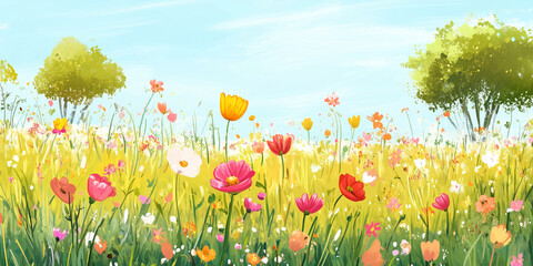 Flowers field. Spring background. Generated AI
