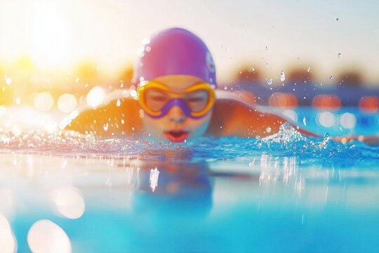 Young swimmer in pink cap swimming in a sunny pool