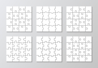 Puzzle grid collection. Set of 16 pieces jigsaw templates. Simple mosaic layout with separate shapes. Modern background. Puzzle laser cut frames. Vector illustration.