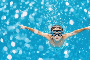 Child diving underwater with dynamic pose and bubbles