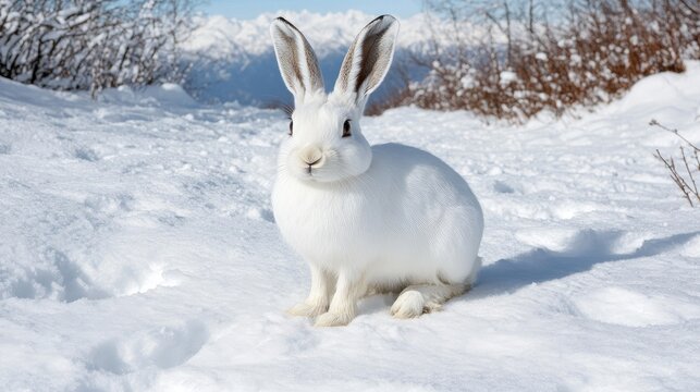 A snowshoe hare with soft white fur and large ears sits quietly in the snowy tundra, surrounded by pristine winter beauty