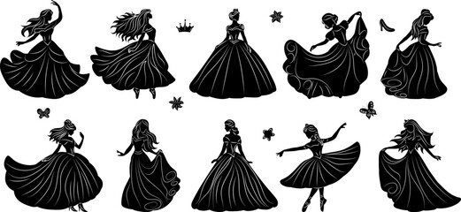 princess set, queen black silhouette, vector