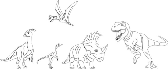 dinosaurs of different breeds sketch, outline, vector