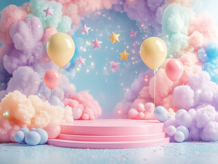 Cute sweet pastel colorful party cloudy event celebration stage podium blank background decorate with cotton balloons balls. Generative ai.