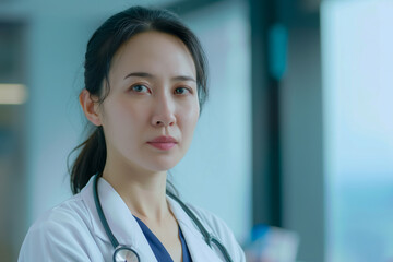 Asian female doctor in hospital setting with a focused expression