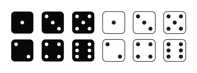 Game dice Icon with side of cube from one to six number. Set of black icon sided for gamble. Dot on cube of casino