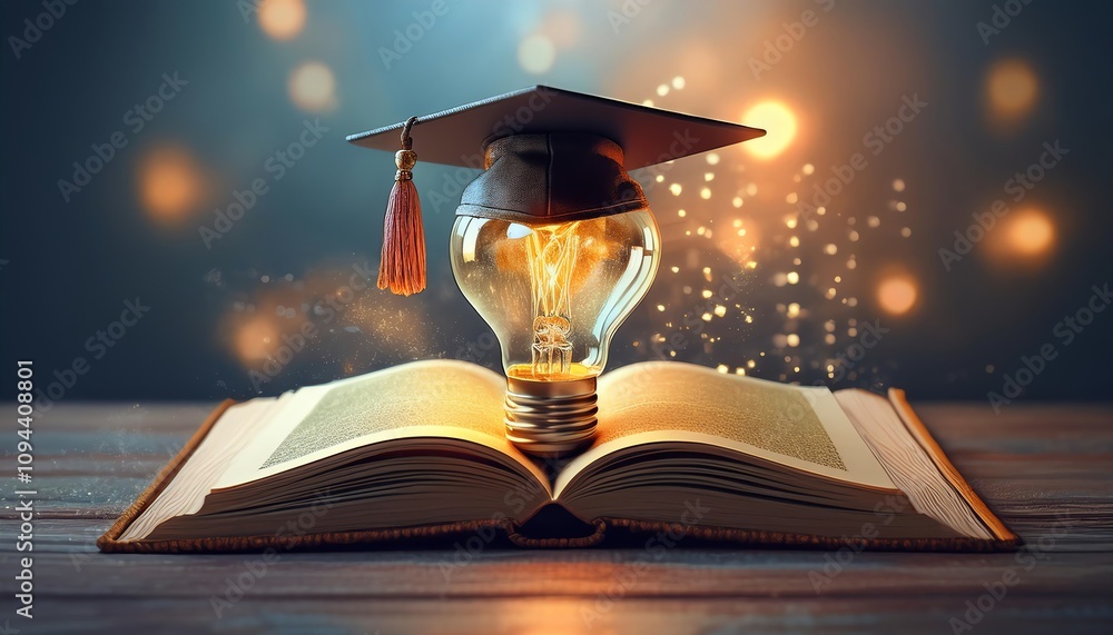 Poster a glowing light bulb with a graduation cap sits atop an open book, symbolizing knowledge and enlight