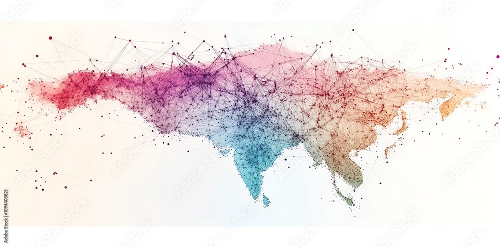 Poster abstract map of asia continent with colorful dots and connecting lines.