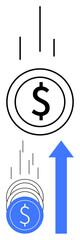 Coins with dollar signs fall and merge into a large blue upward arrow. Ideal for financial growth, investment success, economic progress, savings increase, revenue boost, profit rise, market trends