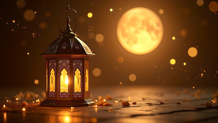 Fototapeta premium Ornate Lantern with Full Moon Background. Concept of Ramadan, Eid, and Islamic celebration.