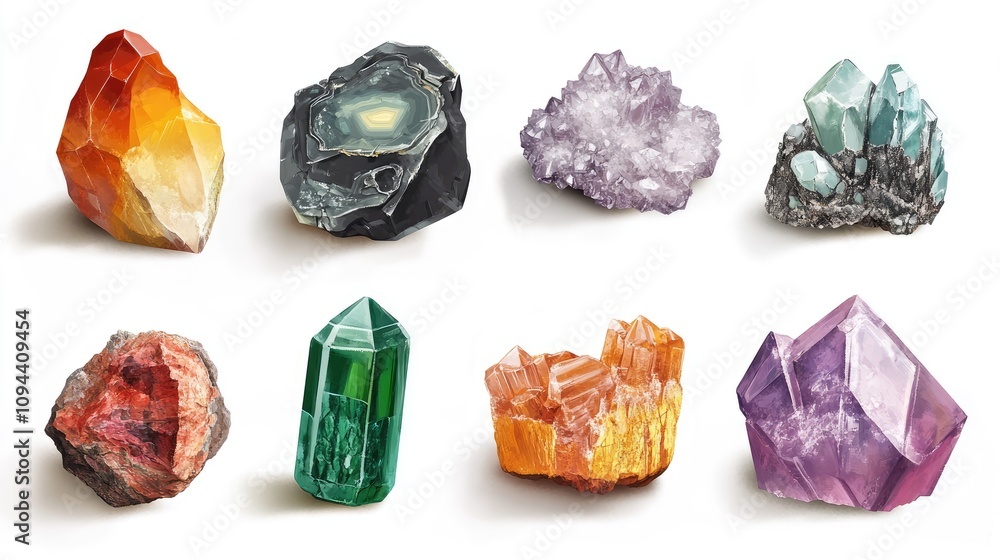 Poster a stunning array of colorful crystals showcasing unique textures and forms against a clean white bac