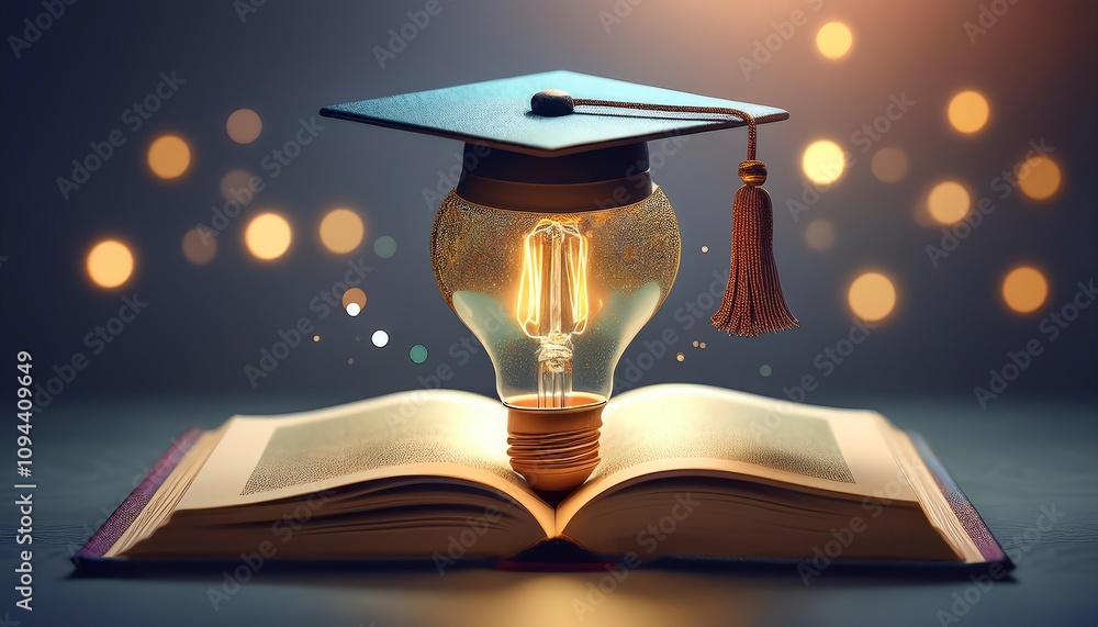Poster a glowing lightbulb with a graduation cap sits on an open book, symbolizing knowledge and enlightenm
