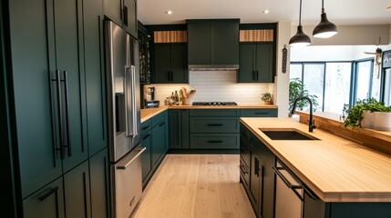 Contemporary kitchen in dark green with smooth cabinets, birch countertops, and matte black handles for a clean finish.
