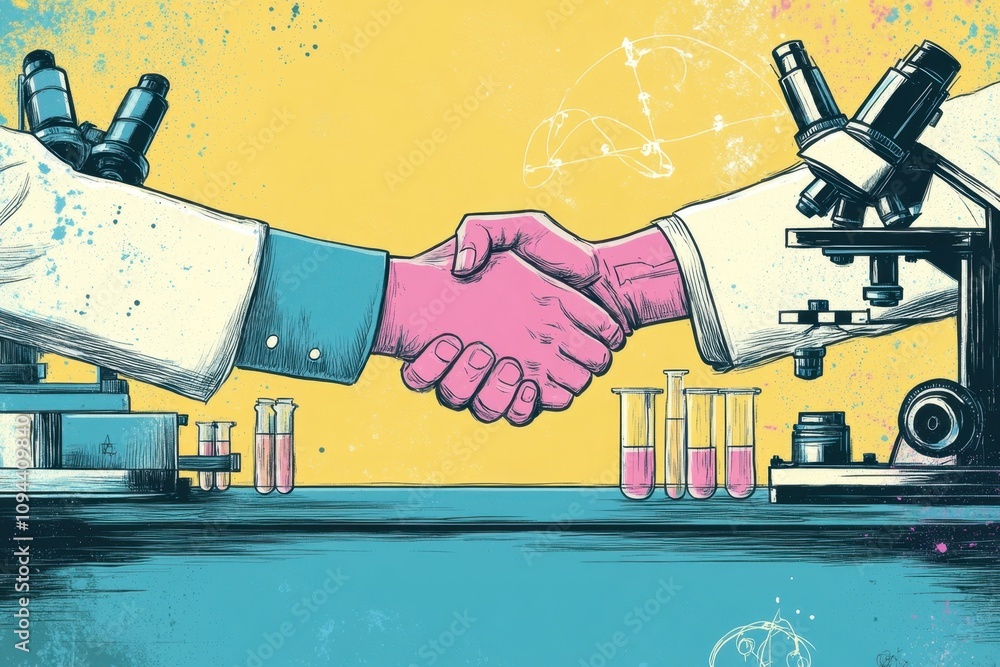 Aufkleber collaborative science partnership: two scientists shake hands with microscopes and test tubes in a c