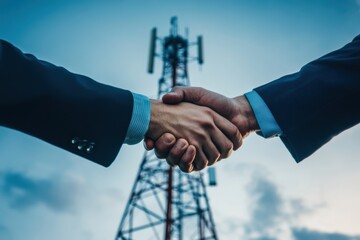 Business Partnership Agreement in Front of Telecommunication Tower Symbols of Collaboration and Connectivity with Hands Shaking Against a Blue Sky Background